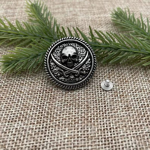 Badass 30Mm Skull Screw Back Buttons For Leather Crafting Premium Coin Style Alloy Snap Fasteners With Corrosion Resistant Finish on fabric.