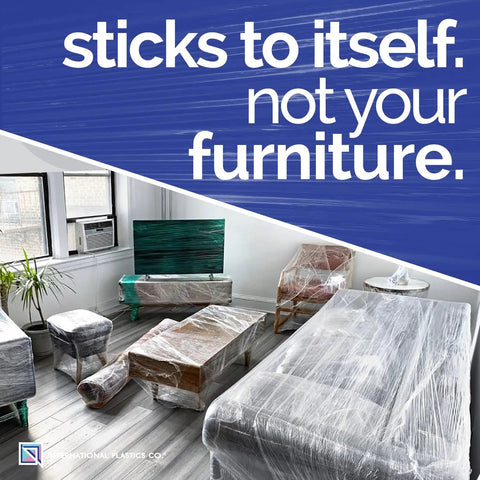 Room with furniture wrapped in Industrial Strength 18 Inch Stretch Film Wrap Roll Set For Moving And Packing, 7 Layer