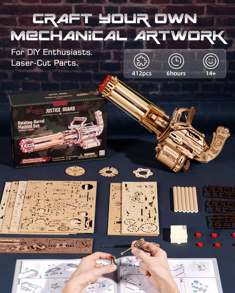 No Glue 3D Wood Puzzle Kit For Adults, Laser-Cut DIY Wooden Building Model With Snap-Together Mortise And Tenon Joints, STEM Craft Project For Hands-On Brainy Makers 14 Plus, assembled wooden rotating-barrel model with parts and instructions