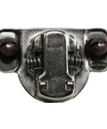 Close-up of a one and one quarter inch overlay soft close cabinet hinge with 105 degree two cam press in face frame, silver finish.