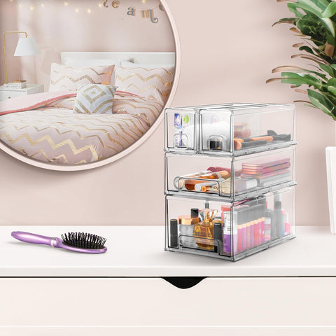 Must-Have Large Clear Stackable Storage Drawers 2-Pack With Handles Easy Pull-Out Plastic Organizer Bins on white dresser