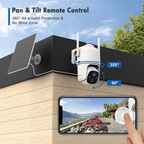 Wireless Outdoor Security Camera with Solar Power, 2K Video, 360 Degree PTZ mounted on corner with smartphone control display