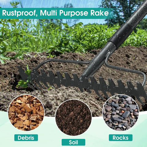 63 Inch Heavy Duty Metal Bow Rake With 17 Tines For Lawn and Garden Cleanup Leaves Debris Mulch Gravel Thatch and Landscaping