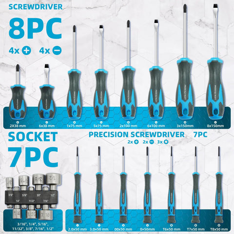 Cool 71pc Magnetic Screwdriver Set With Chrome Vanadium Steel Bits, Phillips And Torx Drivers Plus Flex Shaft Kit For Any Gadget Repair Job Or Craft Projects In Style. 71-piece screwdriver set shown with socket and precision drivers