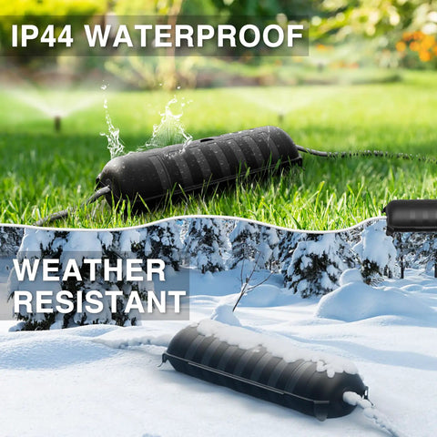 Tough As Nails Outdoor Extension Cord Cover And Weatherproof Electrical Outlet Protector Box on grass, showing IP44 waterproof feature.