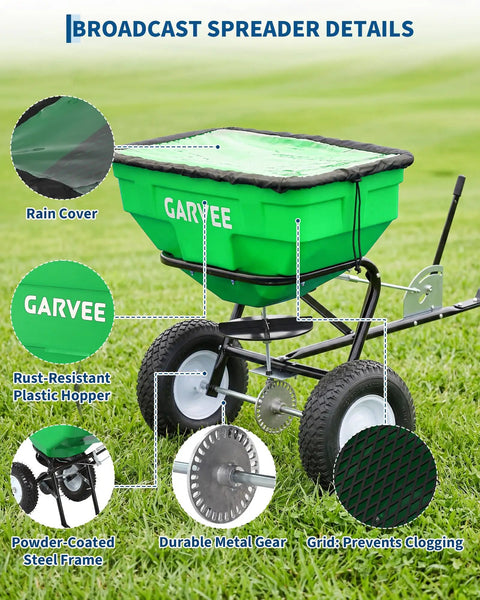 Heavy Duty Tow Behind Broadcast Spreader With 125 Lbs Hopper And 30 Settings 9.8 Ft Spread Universal Hitch For UTV ATV Or Tractor