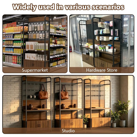 Rock Solid Retail Display Rack With Pegboard And Hooks, Freestanding Store Shelving Stand, Handy Storage Cabinet Below, No Sweat Setup For Boutiques And Convenience Shops, Dark Walnut Finish Game Changer