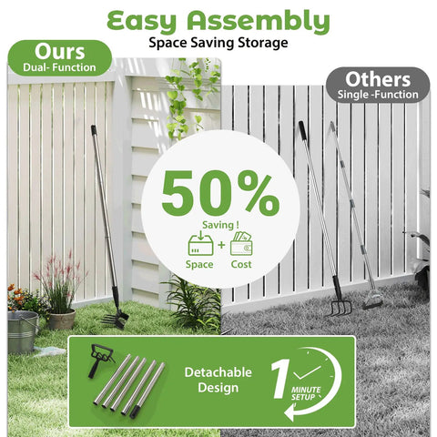 Comparison of a 2 in 1 heavy duty garden hoe and cultivator with dual-function design and single-function tools, showing storage space efficiency.