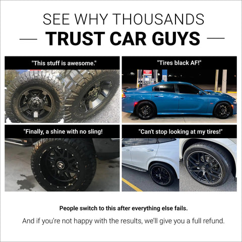Collage of cars with shiny black tires using Deep Black Tire Shine Spray With Long Lasting Tire Dressing No Sling And Dries To The Touch