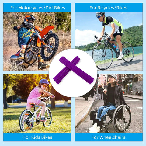 Spoke Skins Covers For 8 To 21 Inch Rims Protectors And Decor For Dirt Bikes Mountain Bikes Bicycles Wheelchairs And Motorcycles Includes 72 Pieces Easy Install In 12 Colors; various applications shown.