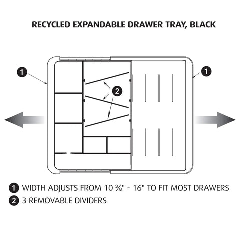 Slick Expandable Drawer Organizer Tray With Adjustable Width And Removable Dividers For Hustle Ready Desk Organization In Smooth Recycled Black Plastic Finish, showing adjustable dividers and dimensions.