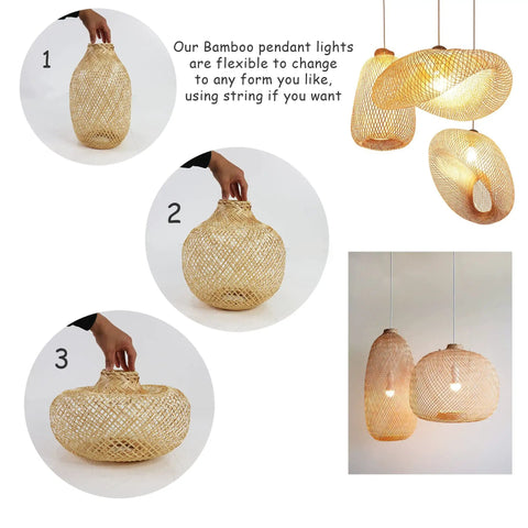 Person adjusting Rustic Bamboo Lamp Cage Pendant Light Shade with Included Dimmable 40W LED Bulb, Natural Finish, different shapes