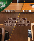 Image showing before and after effect of Lemon Wood Oil For Easy Clean And Protection Plus Shine On Wood Surfaces Guards Against Everyday Stains Like Fingerprints Mustard Ketchup Wax Crayons 16 Fl Oz Bottle on a wood table surface.