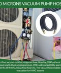 High Flow Half Inch HVAC Vacuum Hose With 3/8 To 1/4 Inch SAE Fittings, Six Foot Long, shown next to HVAC units and gauge set.