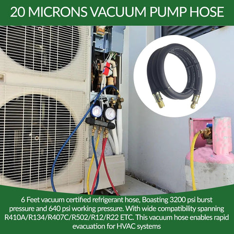High Flow Half Inch HVAC Vacuum Hose With 3/8 To 1/4 Inch SAE Fittings, Six Foot Long, shown next to HVAC units and gauge set.