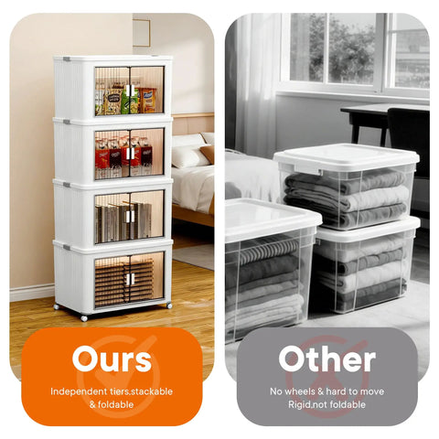 Stackable Storage Bins With Individual Lids And Front Doors On Wheels For Quick Grab And Go Use Together Or Separately For Clothes Blankets Towels And Light Household Items