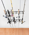 Overhead 12 Rod Fishing Rod Rack, Heavy Duty Steel Overhead Mount for Indoor Outdoor Use, 28 Inch Length, installed on ceiling holding rods