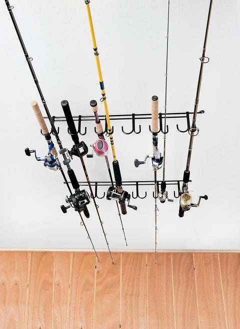 Overhead 12 Rod Fishing Rod Rack, Heavy Duty Steel Overhead Mount for Indoor Outdoor Use, 28 Inch Length, installed on ceiling holding rods