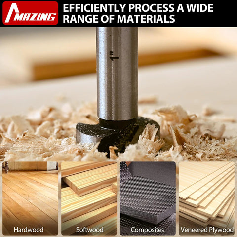 Pro Grade 16 Piece Forstner Drill Bits Set Featuring Tough As Nails Alloy Steel Round Shank Bits For Quick Chip Removal And Slick Hardwood Drilling Projects, drilling into wood with shavings around.