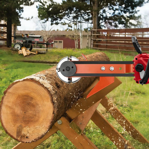 Knockout Chainsaw Mill Attachment And Log Debarker Peeler Featuring Four Heavy Duty Blades for smooth wood planning on a log.