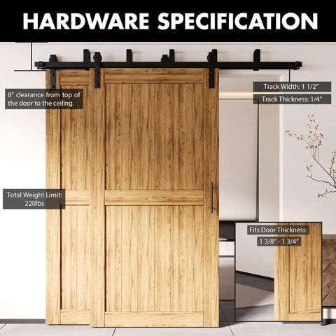 Black Rustic Double Track U-Shape Bypass Sliding Barn Door Hardware Kit for Three Doors, 12ft flat track with roller design