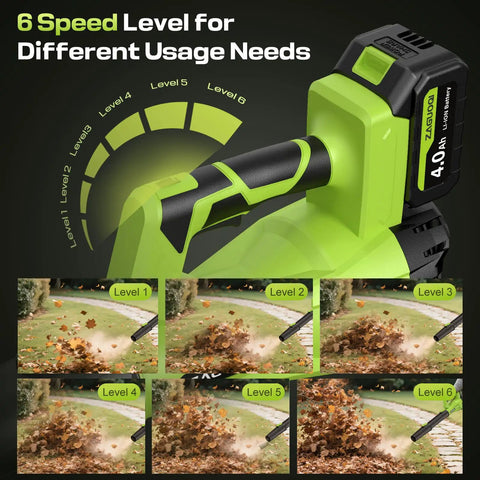 Beast Mode Cordless Leaf Blower 650 CFM 288 MPH with 6 speed options shown with 4.0Ah battery for yard use