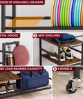 Five Tier Disc Golf Storage Rack With Angled Shelves And Hooks On Wheels showing disc slots, hooks, MDF shelves, wheels.