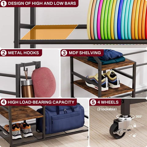 Five Tier Disc Golf Storage Rack With Angled Shelves And Hooks On Wheels showing disc slots, hooks, MDF shelves, wheels.