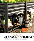 Beefy Raised Garden Bed On Legs With Storage Shelf, Galvanized Elevated Planter Box For Backyard, image showing storage shelf with gardening tools.