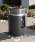 Propane Fire Pit And Outdoor Heater With Three Modes Flame And Heat For Patio Deck Or Camping Portable Smokeless Fire Pit with push start ignition, shown on patio