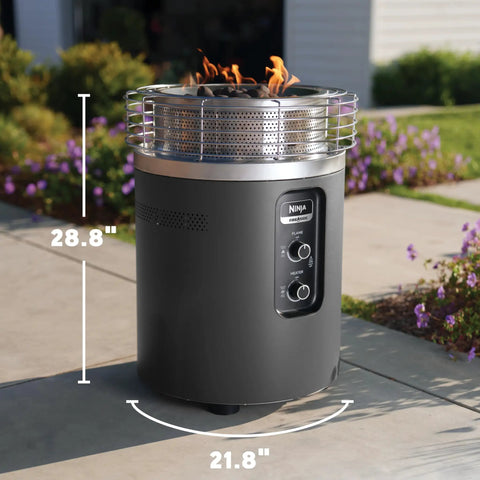 Propane Fire Pit And Outdoor Heater With Three Modes Flame And Heat For Patio Deck Or Camping Portable Smokeless Fire Pit with push start ignition, shown on patio