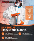Extra Thick 8 Mil Orange Nitrile Work Gloves Heavy Duty Disposable Knit Cuff For Mechanics And Tradesmen Bulk 100 Pack worn by a worker holding a chemical bottle.