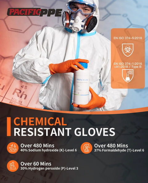 Extra Thick 8 Mil Orange Nitrile Work Gloves Heavy Duty Disposable Knit Cuff For Mechanics And Tradesmen Bulk 100 Pack worn by a worker holding a chemical bottle.