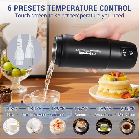 Travel Electric Kettle With Six Temperature Presets From 113 To 212 Fahrenheit, pouring water, compact design, black color.