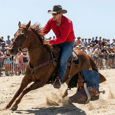 Two Piece Leather Spur Straps For Cowboy Boots in action at rodeo, showing adjustable fit on cowboy's boot