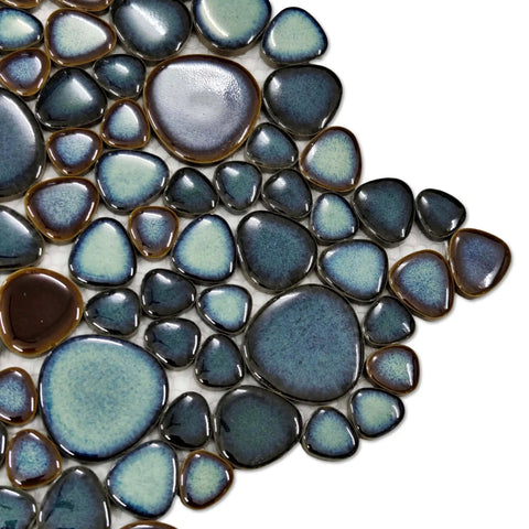 Artisan Pebble Mosaic Tile Sheet With Irregular Blue Green Stone Look Ceramic Waterproof Shower Floor And Wall Tiles Kitchen Backsplash Bath Splash Pool Tiles No Fuss Mesh Back Installation 10 Sq Ft Coverage - close-up of blue-green pebble design