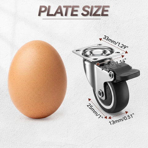 Heavy Duty One Inch Low Profile Caster Wheels With Brakes Quiet As A Mouse Soft Rubber Swivel Casters next to an egg for size comparison.
