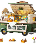 Retro Coffee Truck 3D Wood Puzzle Kit For Adults DIY Model Craft Building Set with colorful front view assembled decor