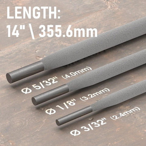 Different sizes of E6013 3/32 Inch 5 Pound Carbon Steel Welding Rod For DIY Friendly General Purpose Stick Electrodes displayed on wood.