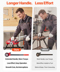 Comparison of ratcheting pipe threader kit with longer handle showing ease of use versus shorter handle alternative.