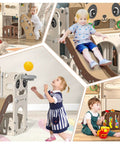 Children playing on 9 In 1 Toddler Slide And Climber Playset For Indoor And Outdoor Use With Basketball Hoop