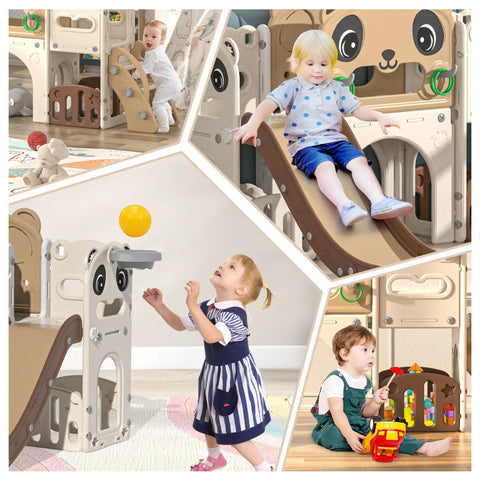 Children playing on 9 In 1 Toddler Slide And Climber Playset For Indoor And Outdoor Use With Basketball Hoop
