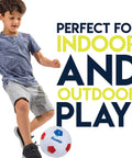 Kid playing soccer with ball ideal for indoor and outdoor play, promoting Kids Soccer Goal With Ball And Pump 24 By 16 Inch Easy Assemble