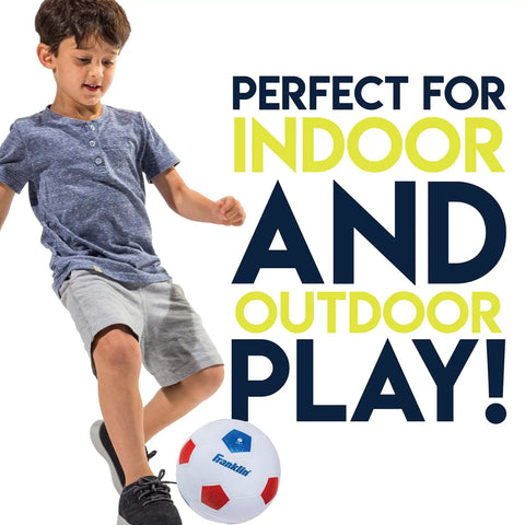 Kid playing soccer with ball ideal for indoor and outdoor play, promoting Kids Soccer Goal With Ball And Pump 24 By 16 Inch Easy Assemble