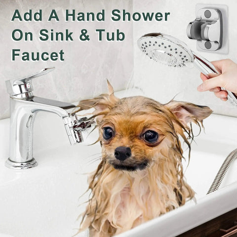Sink Hose Shower Sprayer Attachment With Five Adapters for washing pets in bathroom tub, handheld shower shown with faucet.