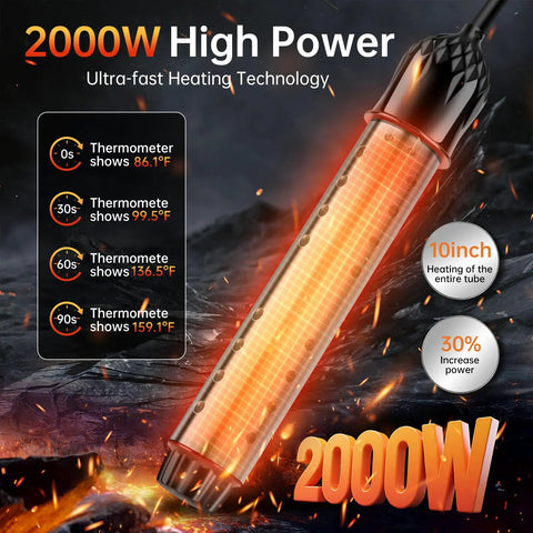 2000W Immersion Water Heater With Auto Shutoff, Stainless Guard And Digital Temperature Sensor, Fast Heat For Buckets, Tubs, Backyard Pools, RVs And Home Use showing heating power