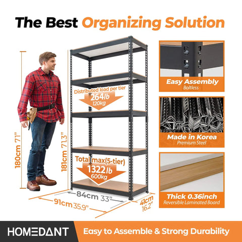 Heavy Duty 5 Tier Garage Shelving Unit With Adjustable Metal Racks 35.9 Inch Wide Standing Storage Shelves for versatile use.