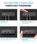 Close-up of TSA lock on rolling travel luggage showing password setup steps.
