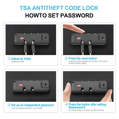 Close-up of TSA lock on rolling travel luggage showing password setup steps.