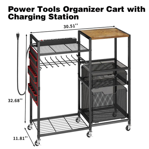 Heavy Duty Power Tool Organizer Cart With Charging Station On Wheels 8 Outlets And 8 Slots Cordless Drill Holder With Drawers